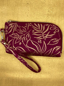 Moody Blooms Maroon Cotton Fabric Exterior with gold nylon zipper wristlet